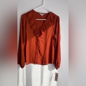 Women's Ruffled V-Neck Blouse - Orange